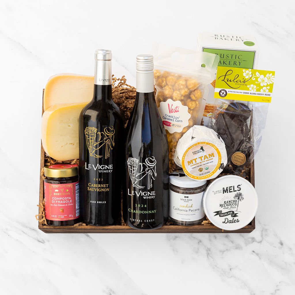 California Feast with wine, packed in its crate